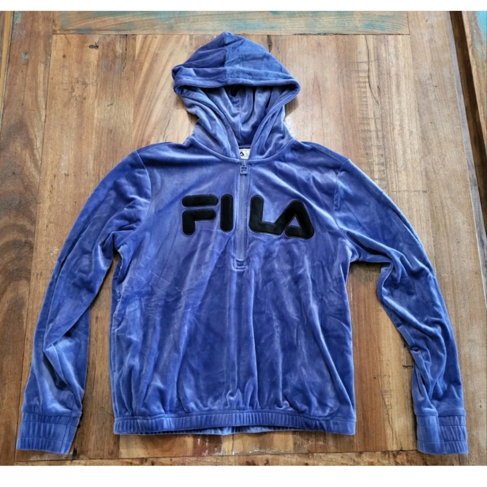 Fila Womens Small Quarter Zip Velour Hooded Long Sleeve Sweatshirt Purple Blue